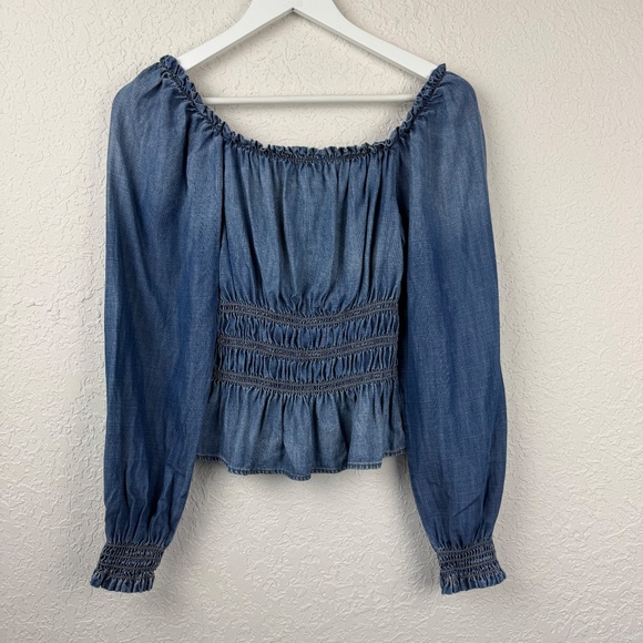 Bella Dahl Womens Smocked Off The Shoulder Denim Top Small - Picture 4 of 13